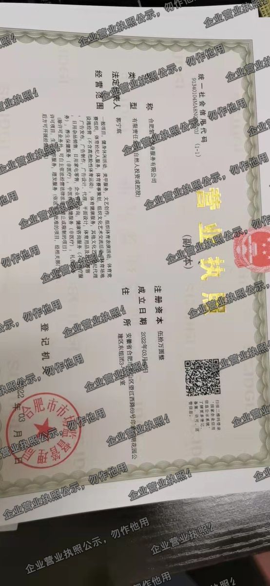 合肥氢气健身服务有限公司 营业执照高清公示图样