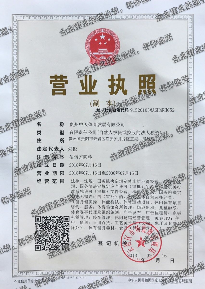贵州中天体育发展有限公司 营业执照高清公示图样