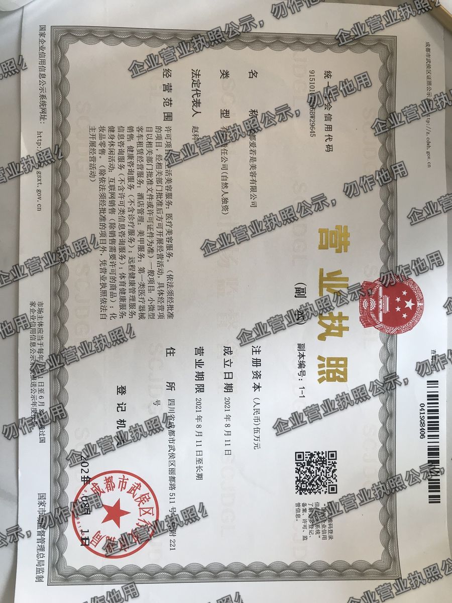成都爱若是美容有限公司 营业执照高清公示图样