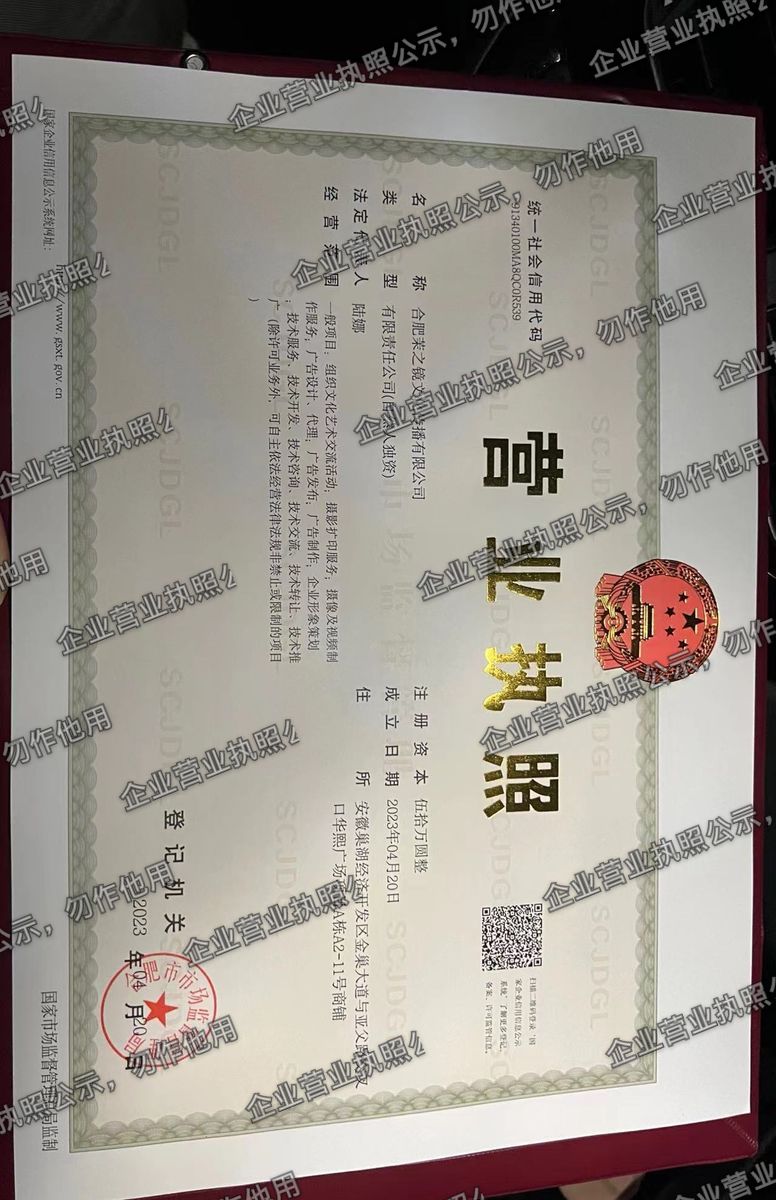 合肥茉之镜文化传播有限公司 营业执照高清公示图样