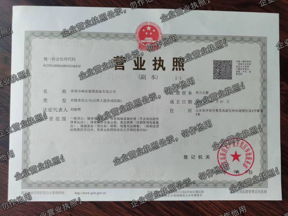 济南市响水丽景游泳有限公司 营业执照高清公示图样