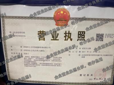 济南市上古印象健康咨询有限公司 营业执照图样